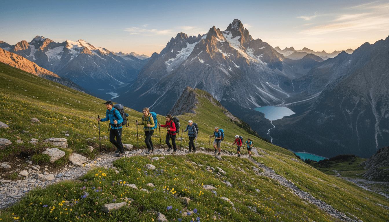 Gruppe wandert über einen alpinen Weg