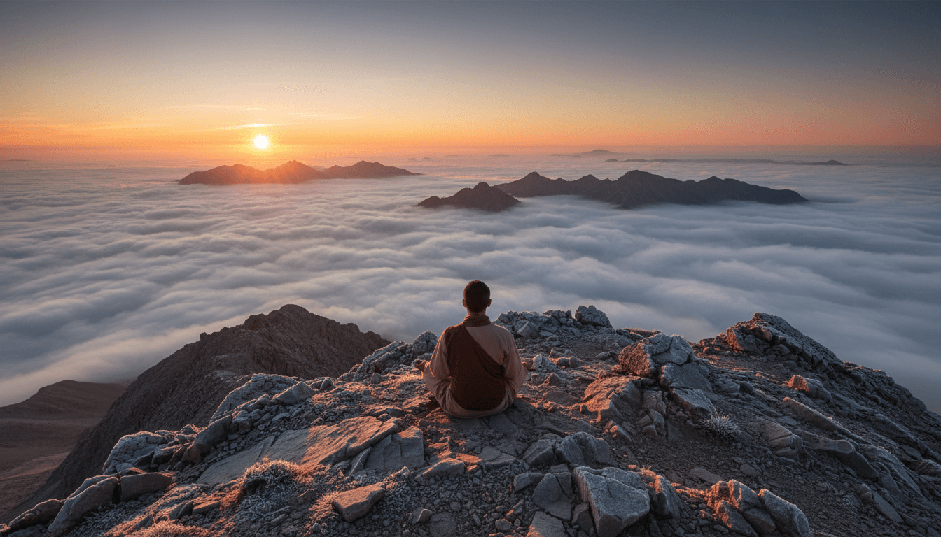 Person meditating on mountain summit with fog below