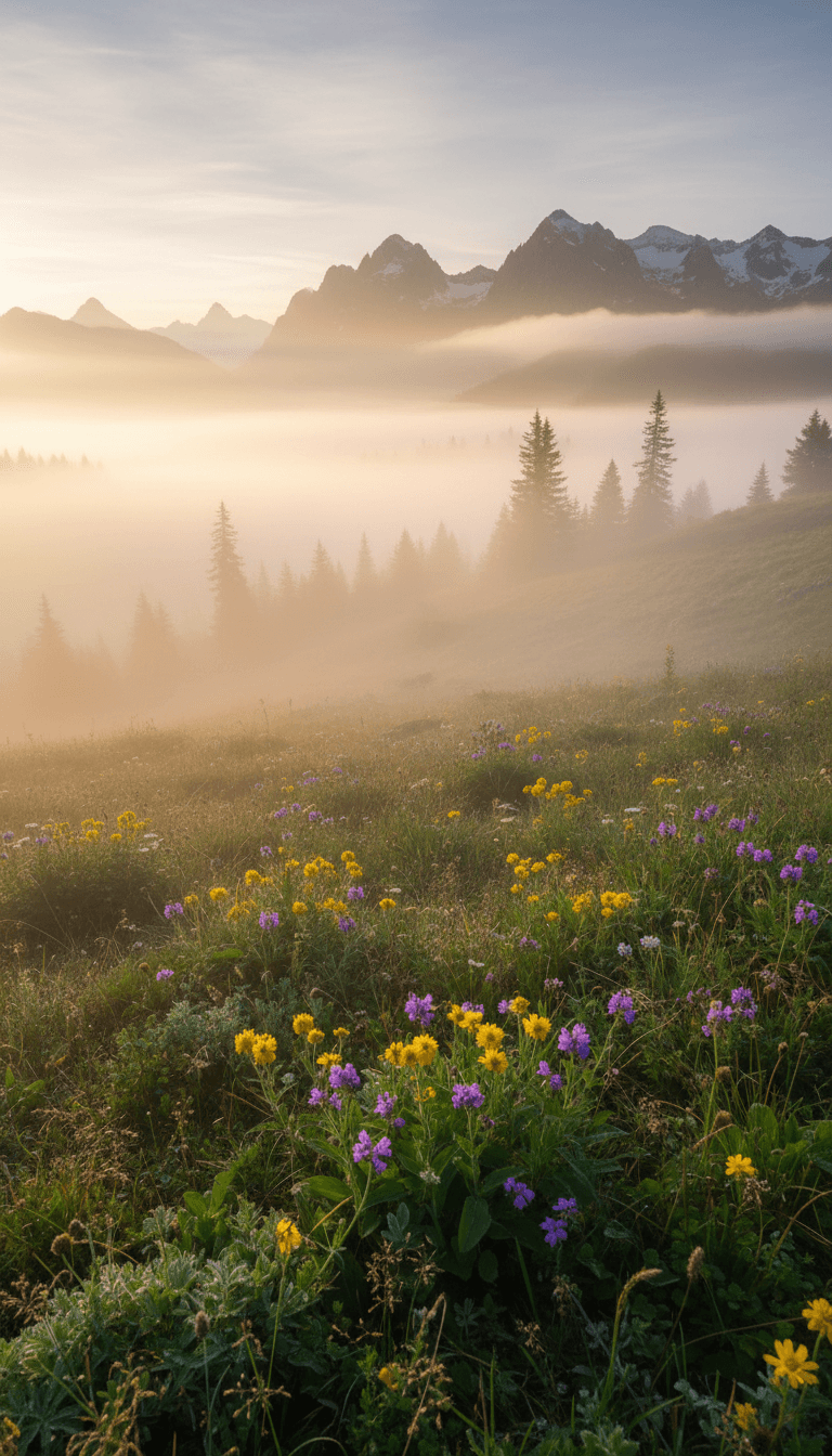 Group of people sitting in a circle in alpine meadow at sunset, warm golden light, candid connection