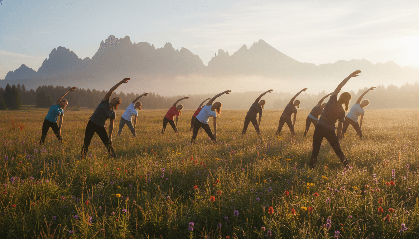 Group of people stretching outdoors in mountain meadow at sunrise with soft light