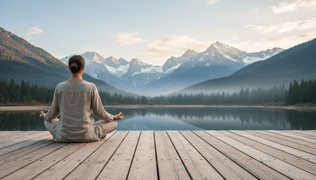 Person sitting still meditating on wooden deck overlooking alpine mountains serene