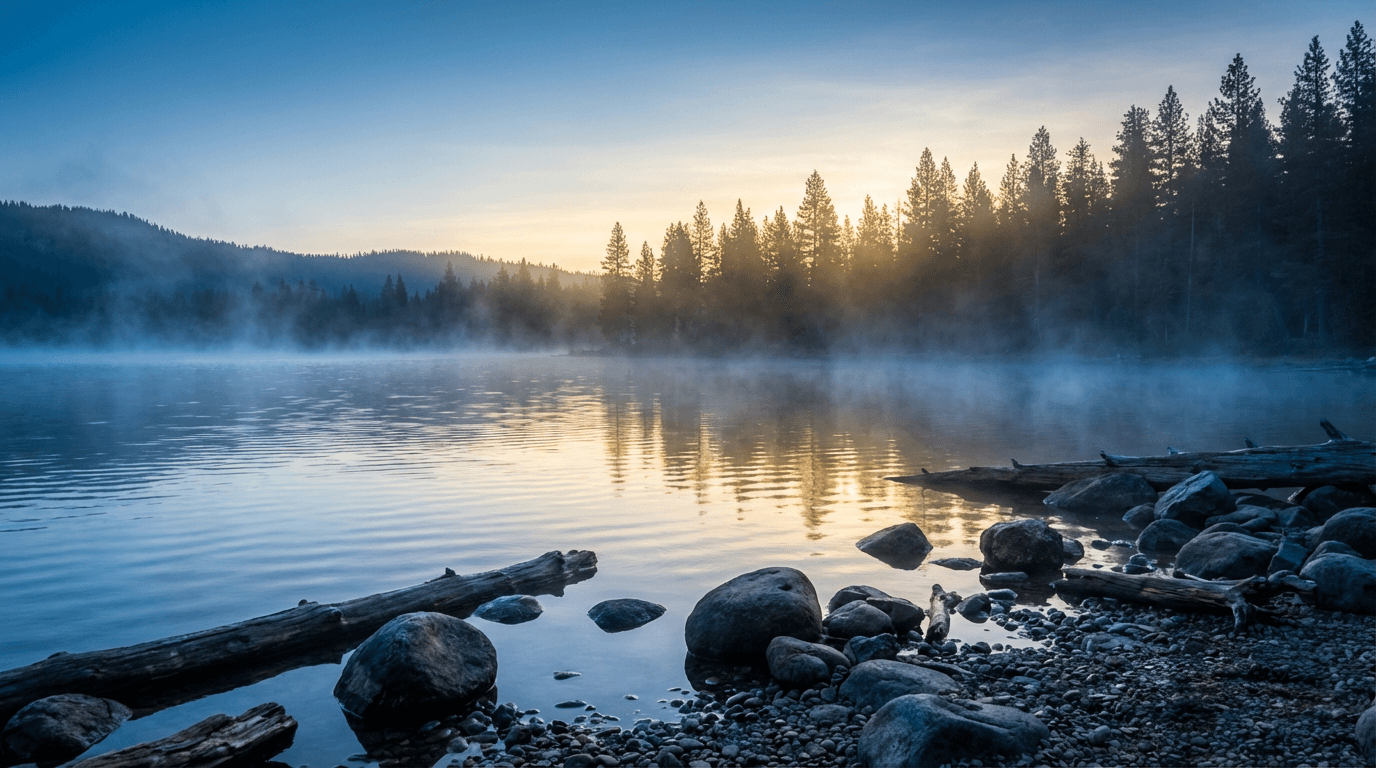 Ruhige Bergwiese bei Sonnenaufgang mit weichem Morgenlicht