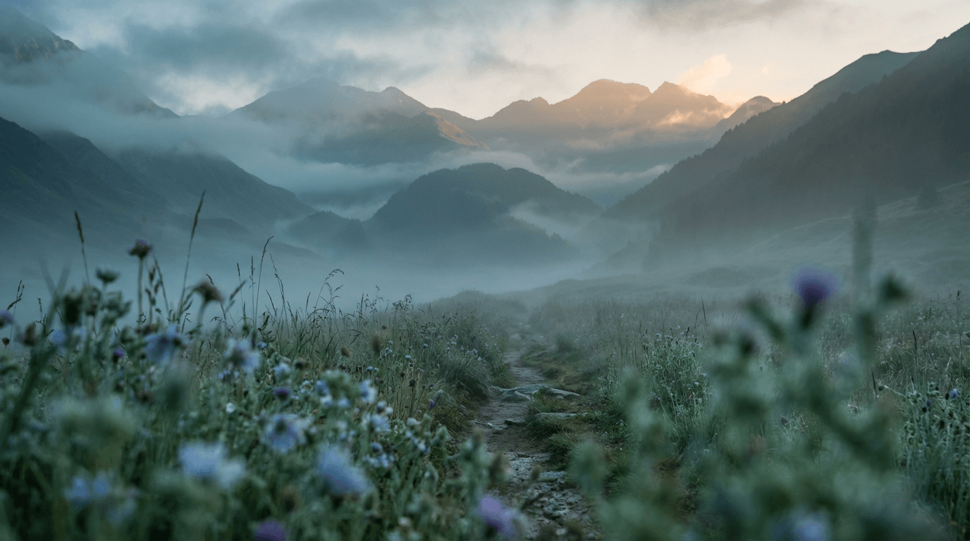Neblige Berglandschaft im Ausseerland bei Sonnenaufgang