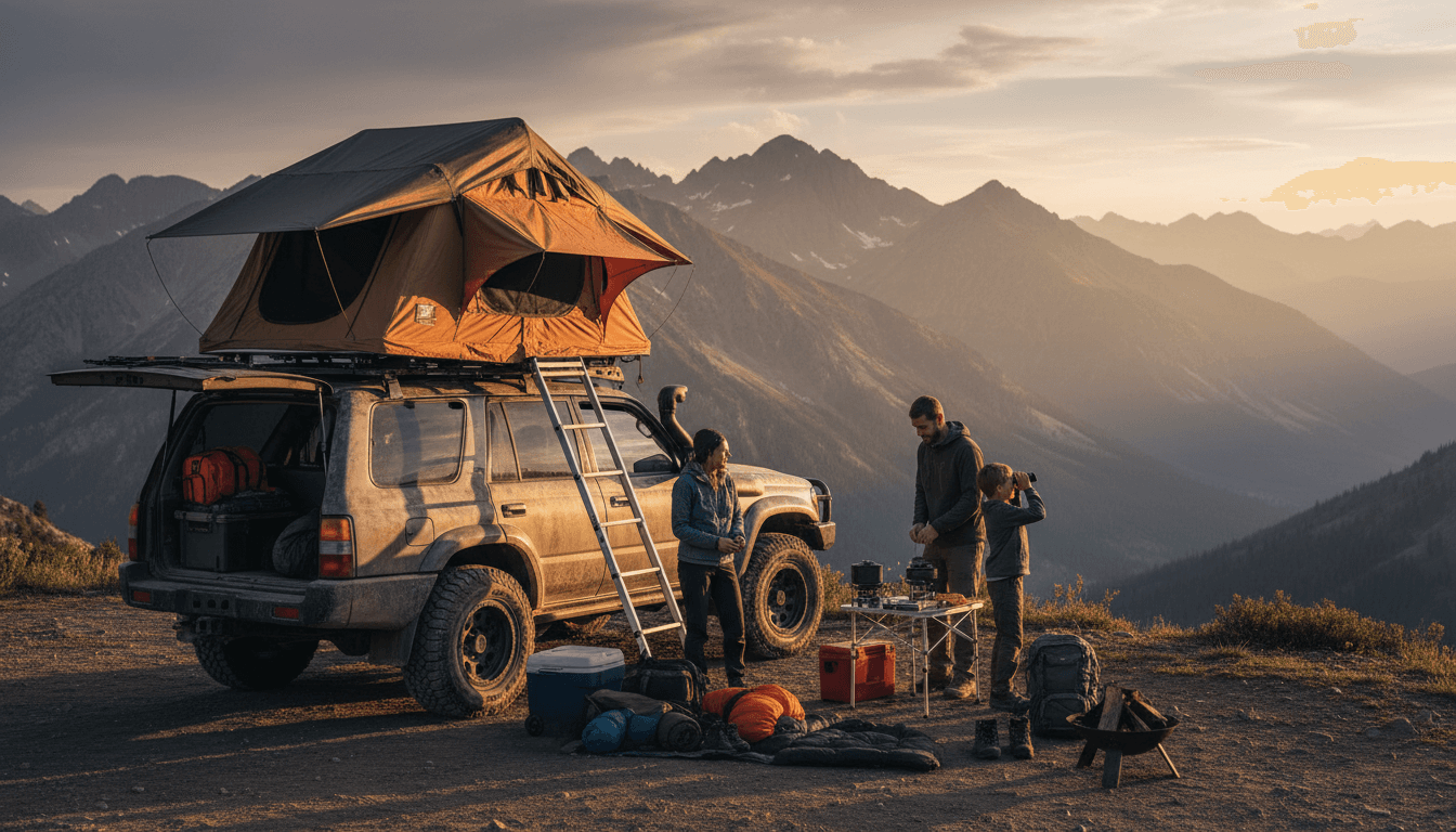 Vehicle with deployed rooftop tent overlooking mountain landscape at sunset with family and camping gear below