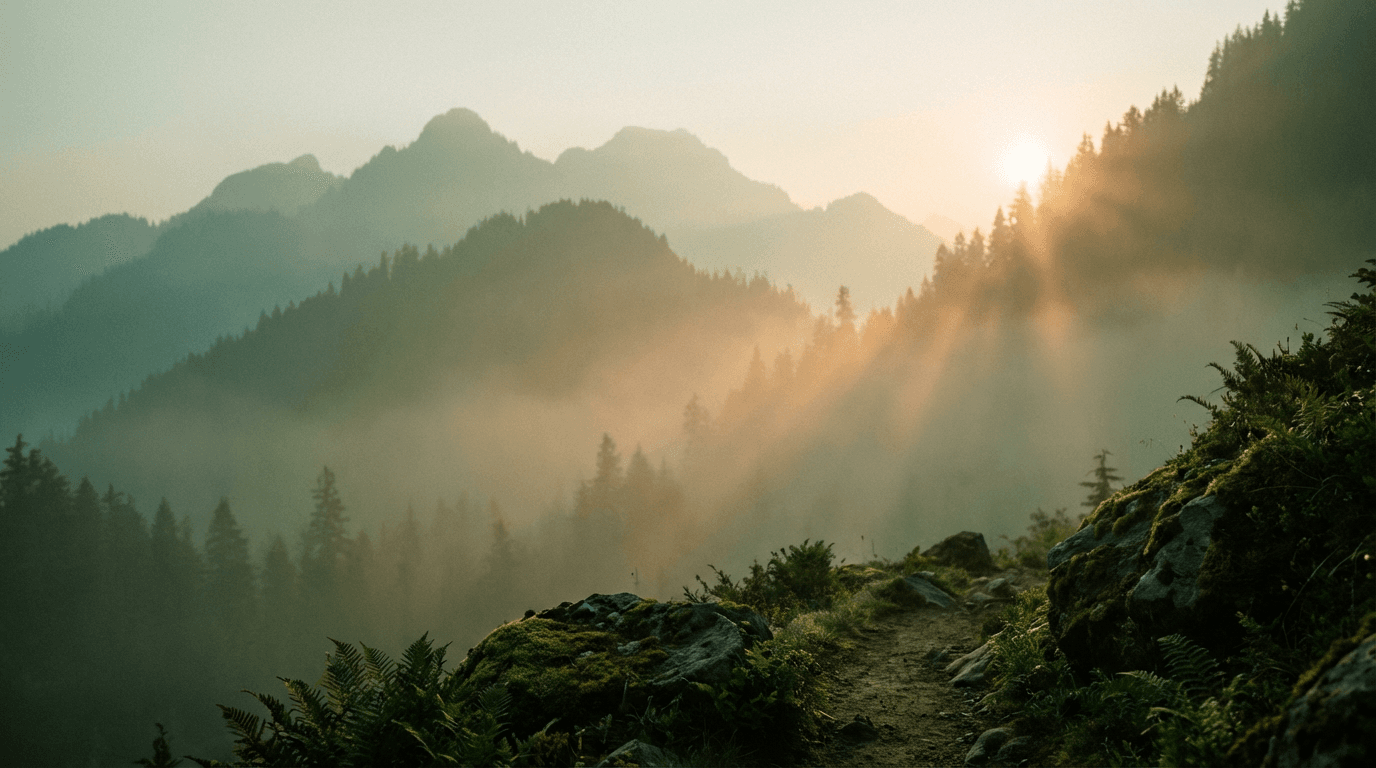 Neblige Berglandschaft bei Sonnenaufgang über einem Kiefernwald