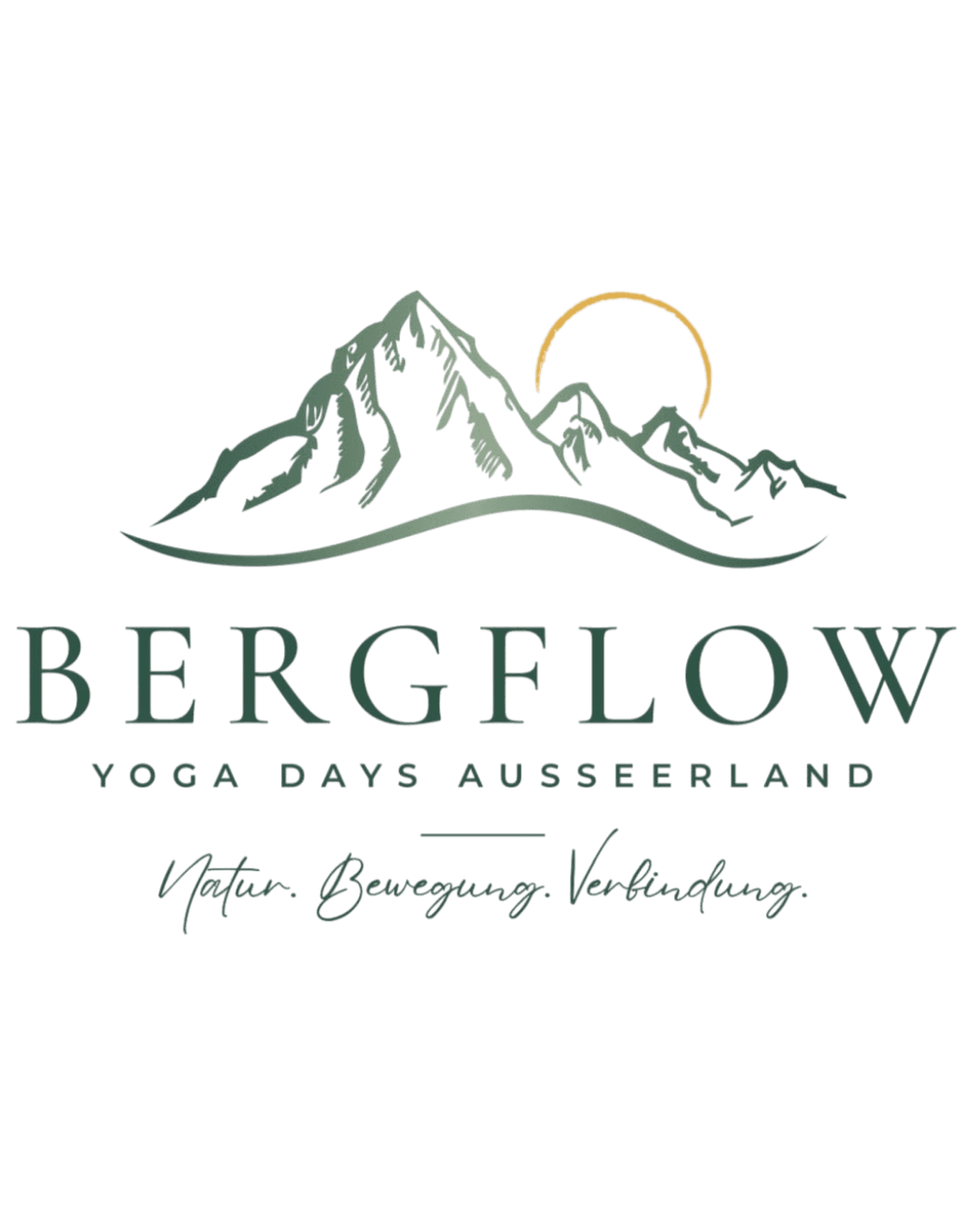 Bergflow Yoga Days Ausseerland Logo mit grünen Bergen, goldener Sonne und Slogan Natur, Bewegung, Verbindung.