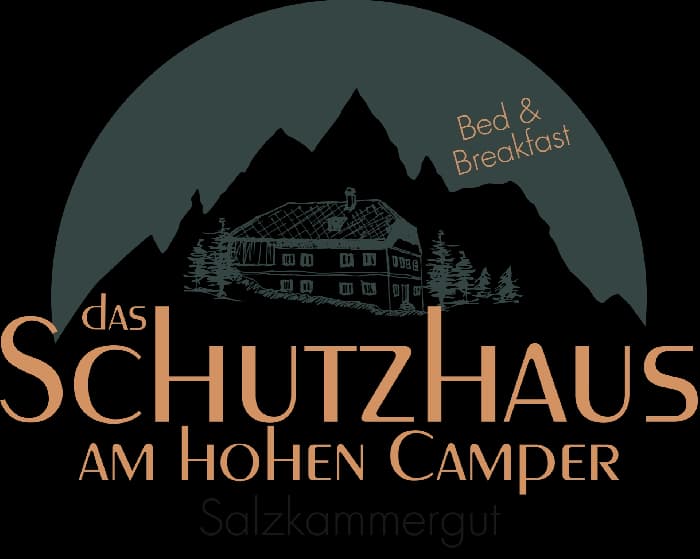 Logo für das Schutzhaus am Hohen Camper mit Bergsilhouette, Hütte und Bed & Breakfast.